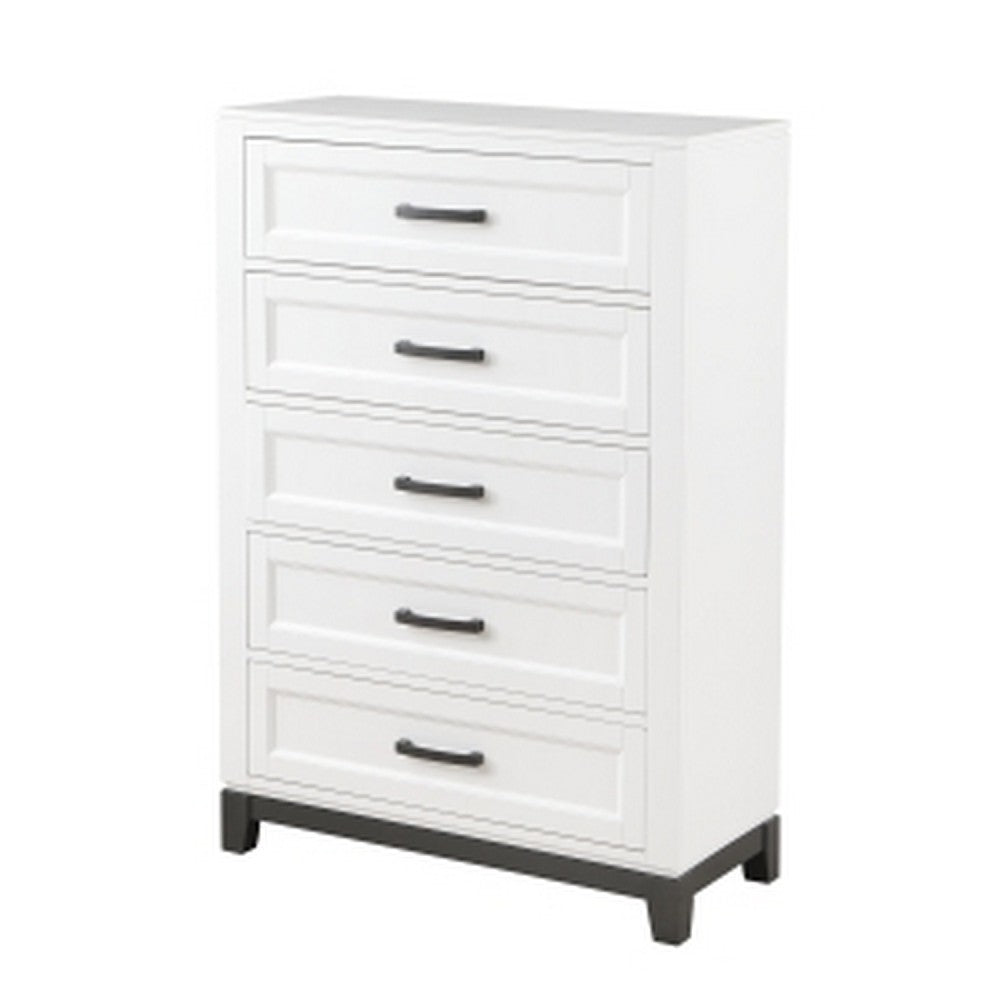 Benjara Thiem 51 Inch Tall Dresser Chest with 5 Drawers, Black Handles, White Wood