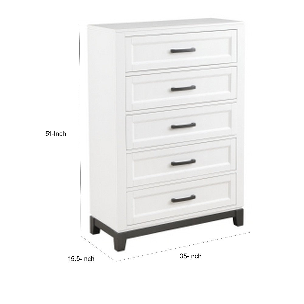 Benjara Thiem 51 Inch Tall Dresser Chest with 5 Drawers, Black Handles, White Wood