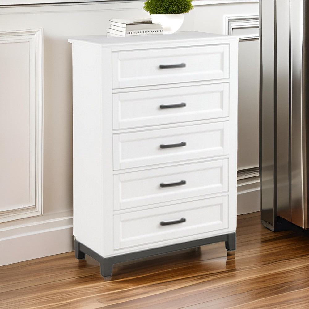 Benjara Thiem 51 Inch Tall Dresser Chest with 5 Drawers, Black Handles, White Wood