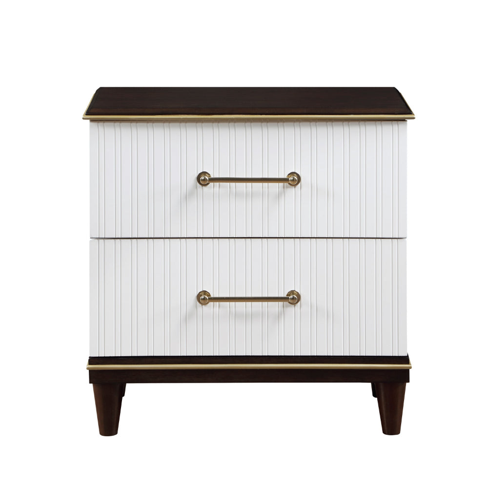 Benjara Shim 29 Inch Nightstand with 2 Drawers, Gold, White, And Cherry Brown Wood