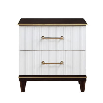 Benjara Shim 29 Inch Nightstand with 2 Drawers, Gold, White, And Cherry Brown Wood