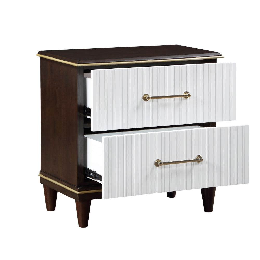 Benjara Shim 29 Inch Nightstand with 2 Drawers, Gold, White, And Cherry Brown Wood