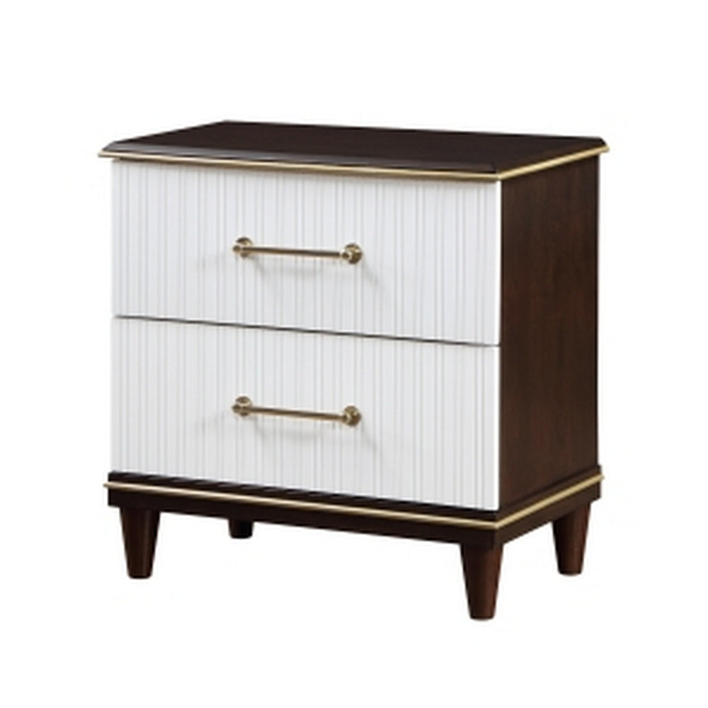 Benjara Shim 29 Inch Nightstand with 2 Drawers, Gold, White, And Cherry Brown Wood