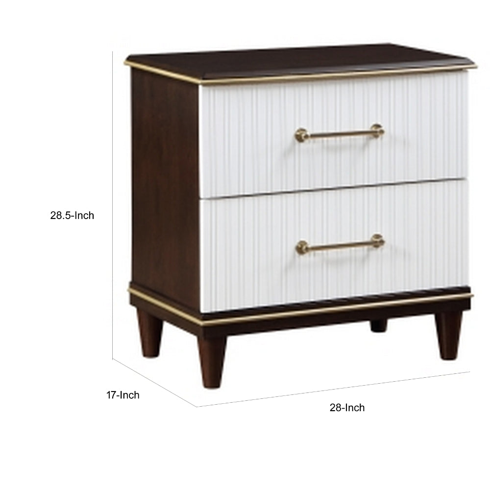 Benjara Shim 29 Inch Nightstand with 2 Drawers, Gold, White, And Cherry Brown Wood