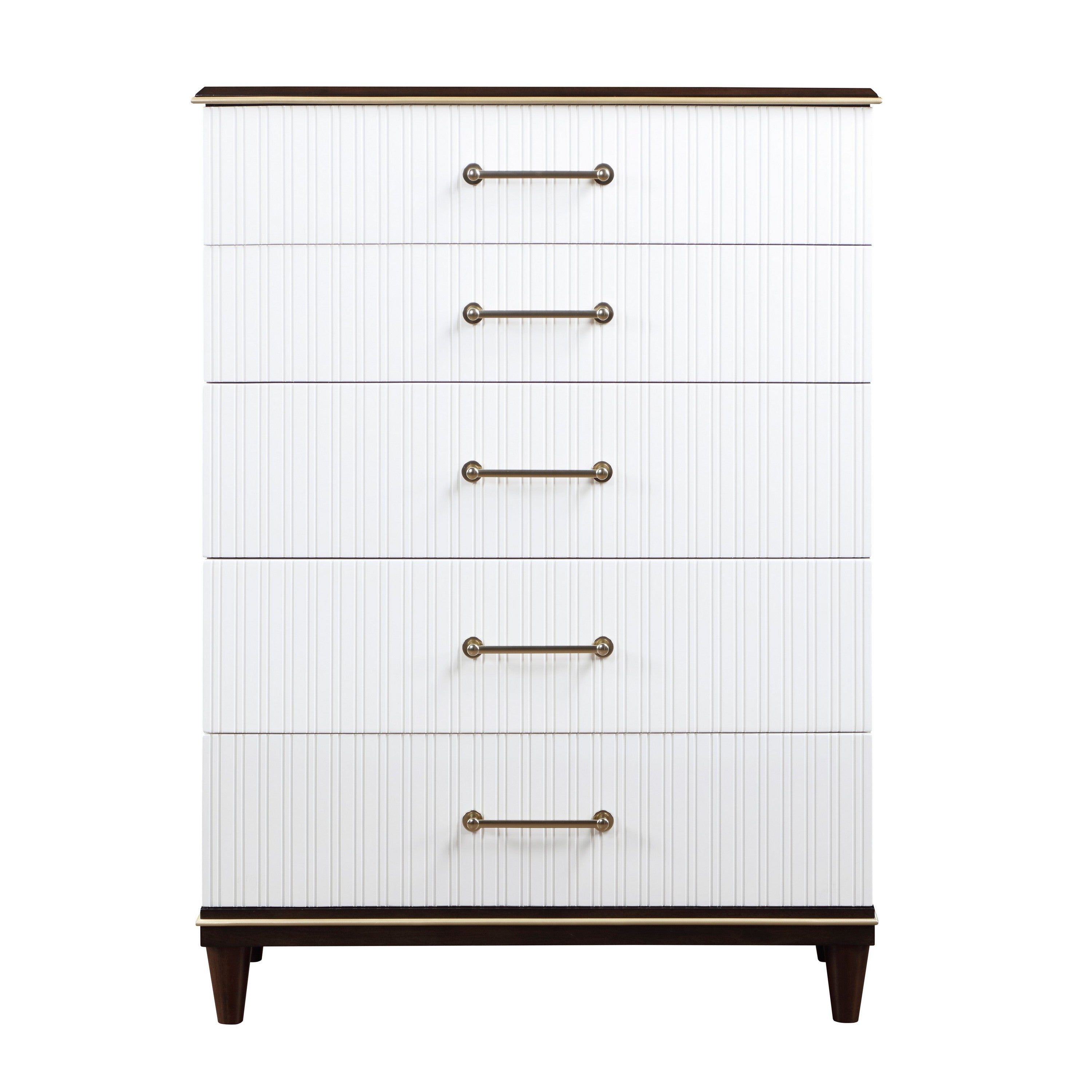 Benjara Shim 54 Inch Tall Dresser Chest with 5 Drawers, White, Cherry Brown Wood