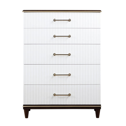 Benjara Shim 54 Inch Tall Dresser Chest with 5 Drawers, White, Cherry Brown Wood
