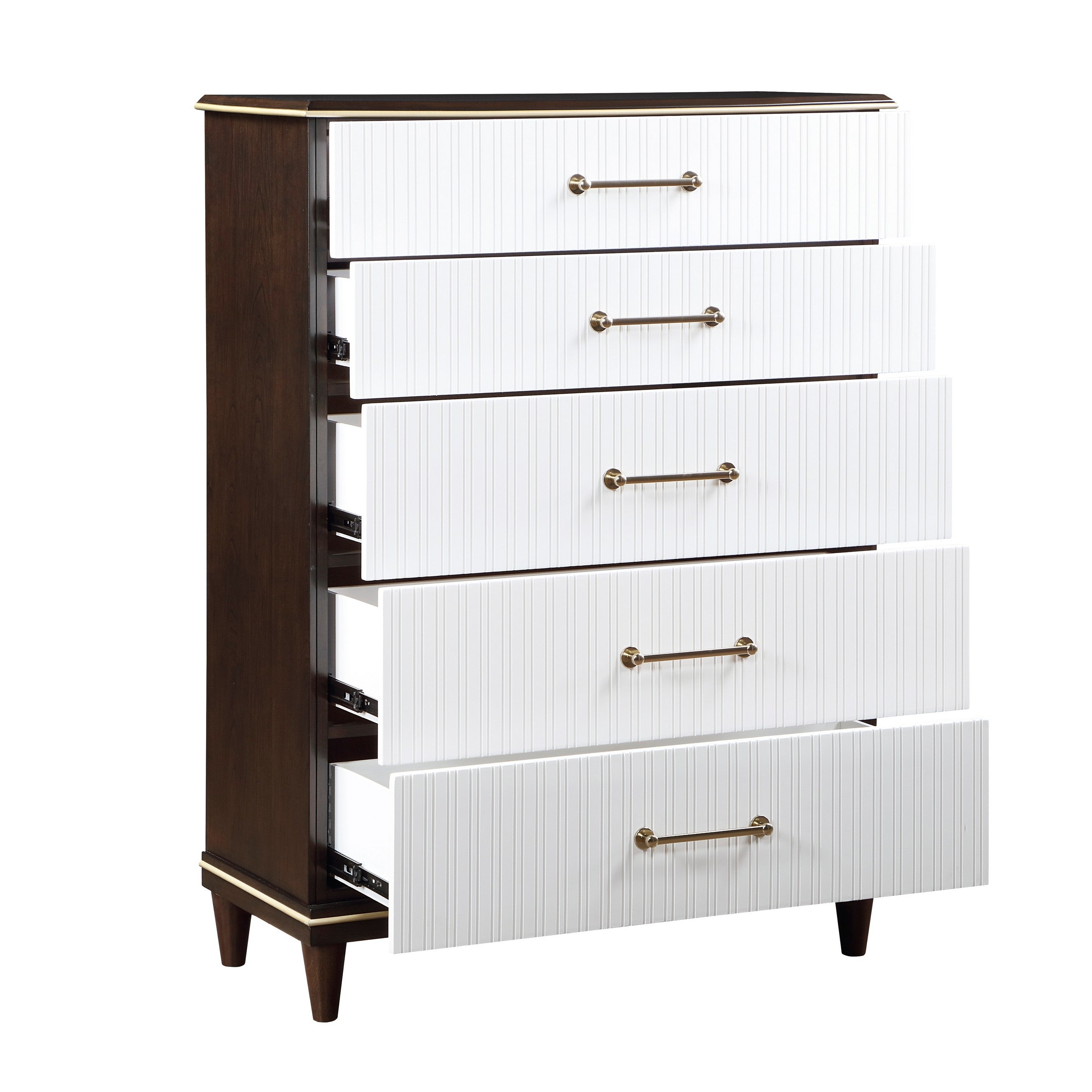 Benjara Shim 54 Inch Tall Dresser Chest with 5 Drawers, White, Cherry Brown Wood