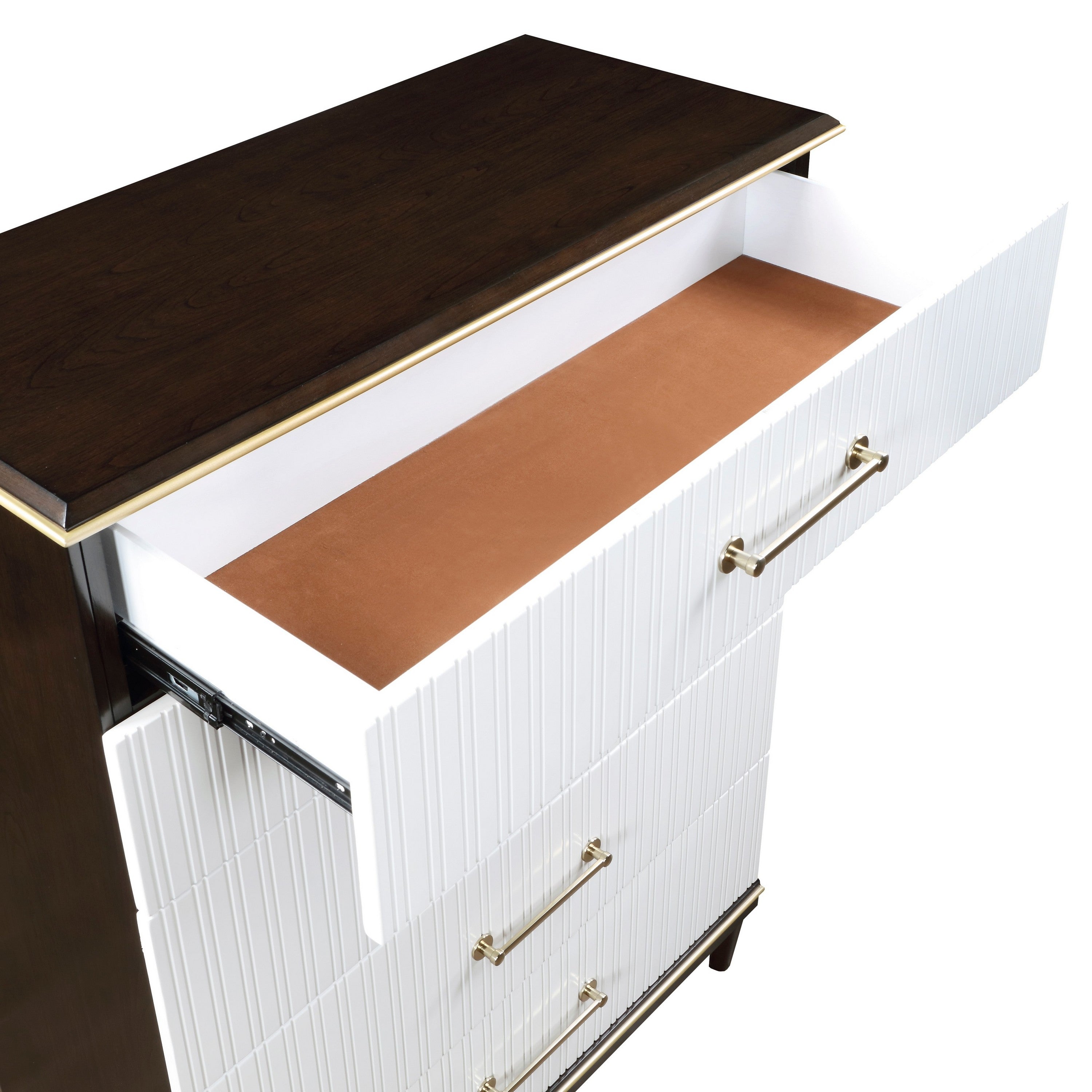 Benjara Shim 54 Inch Tall Dresser Chest with 5 Drawers, White, Cherry Brown Wood