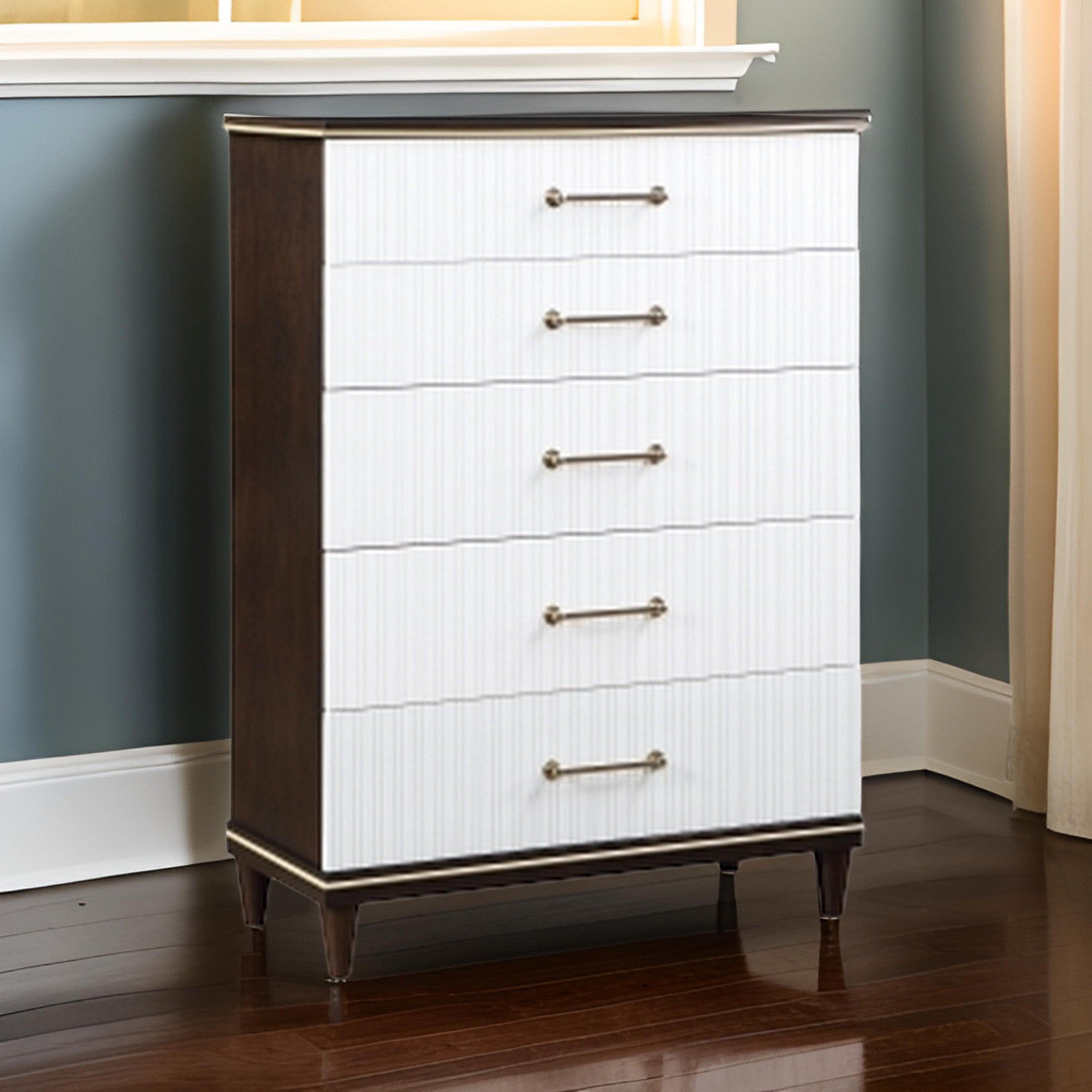 Benjara Shim 54 Inch Tall Dresser Chest with 5 Drawers, White, Cherry Brown Wood