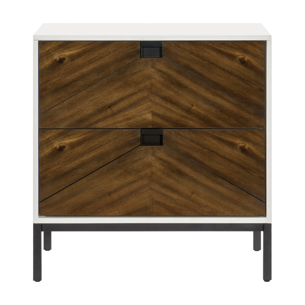 Benjara Jem 30 Inch Nightstand, 2 Drawers, Pocket Handles, Brown And White Wood