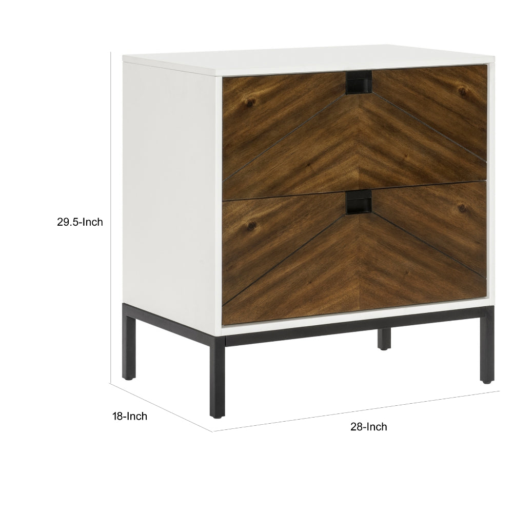 Benjara Jem 30 Inch Nightstand, 2 Drawers, Pocket Handles, Brown And White Wood