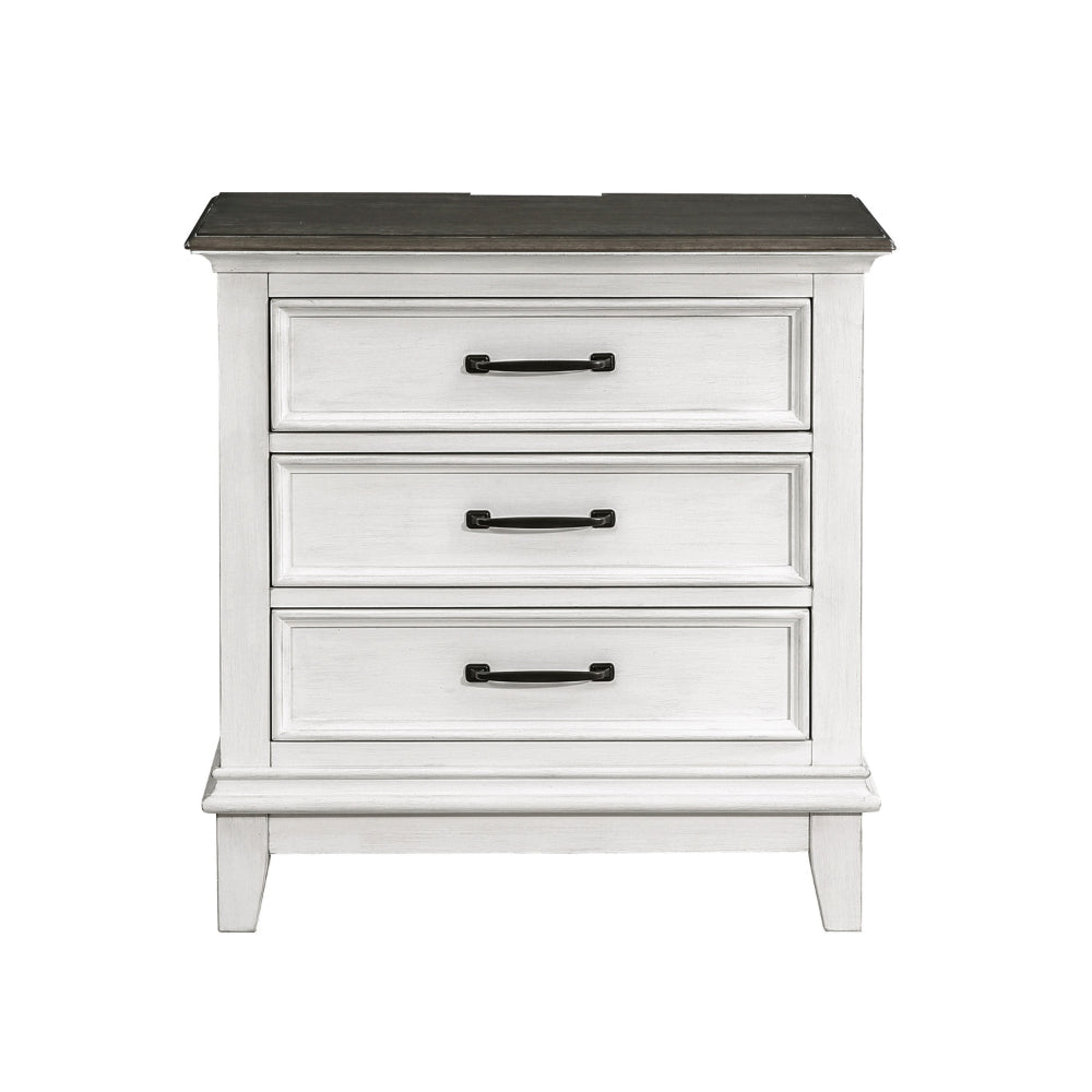 Benjara Woki 29 Inch Nightstand, 3 Drawers, USB Port, White, Brown Solid Wood