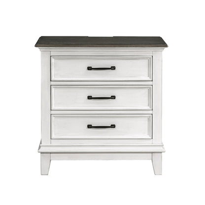Benjara Woki 29 Inch Nightstand, 3 Drawers, USB Port, White, Brown Solid Wood