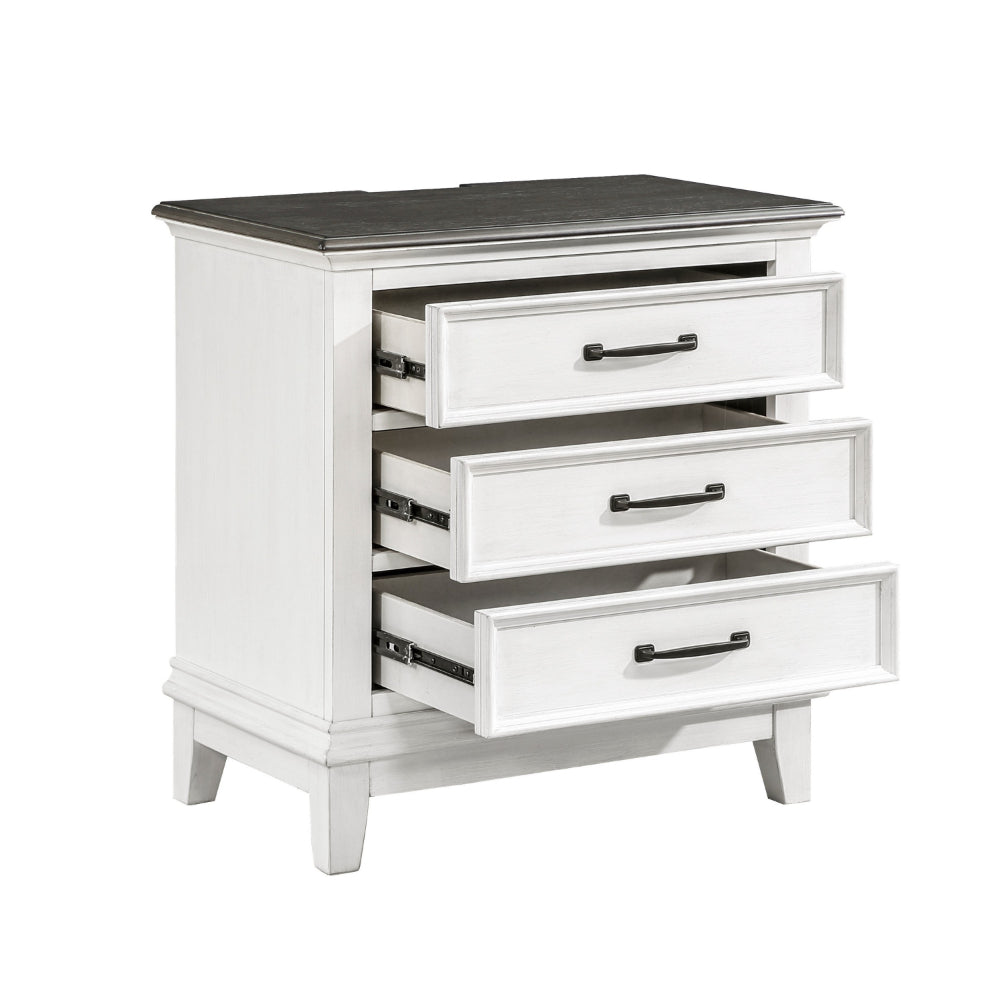 Benjara Woki 29 Inch Nightstand, 3 Drawers, USB Port, White, Brown Solid Wood
