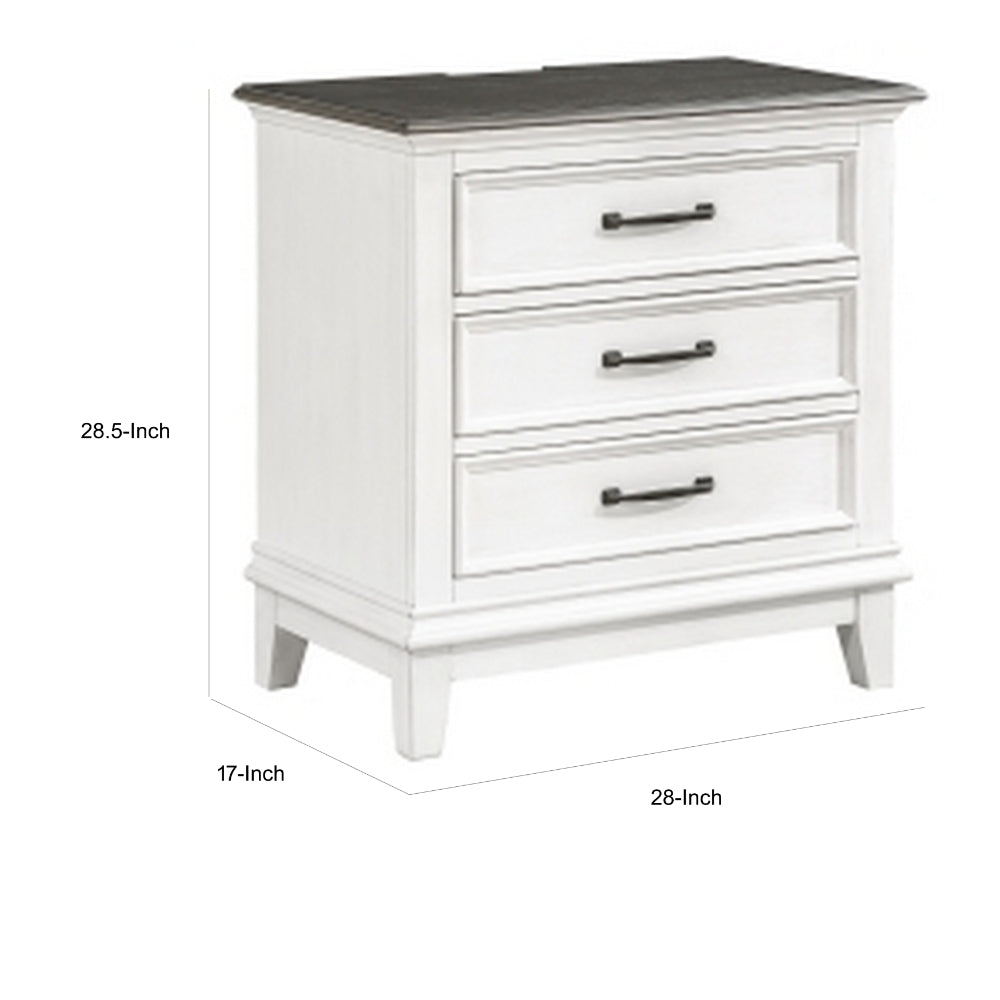 Benjara Woki 29 Inch Nightstand, 3 Drawers, USB Port, White, Brown Solid Wood