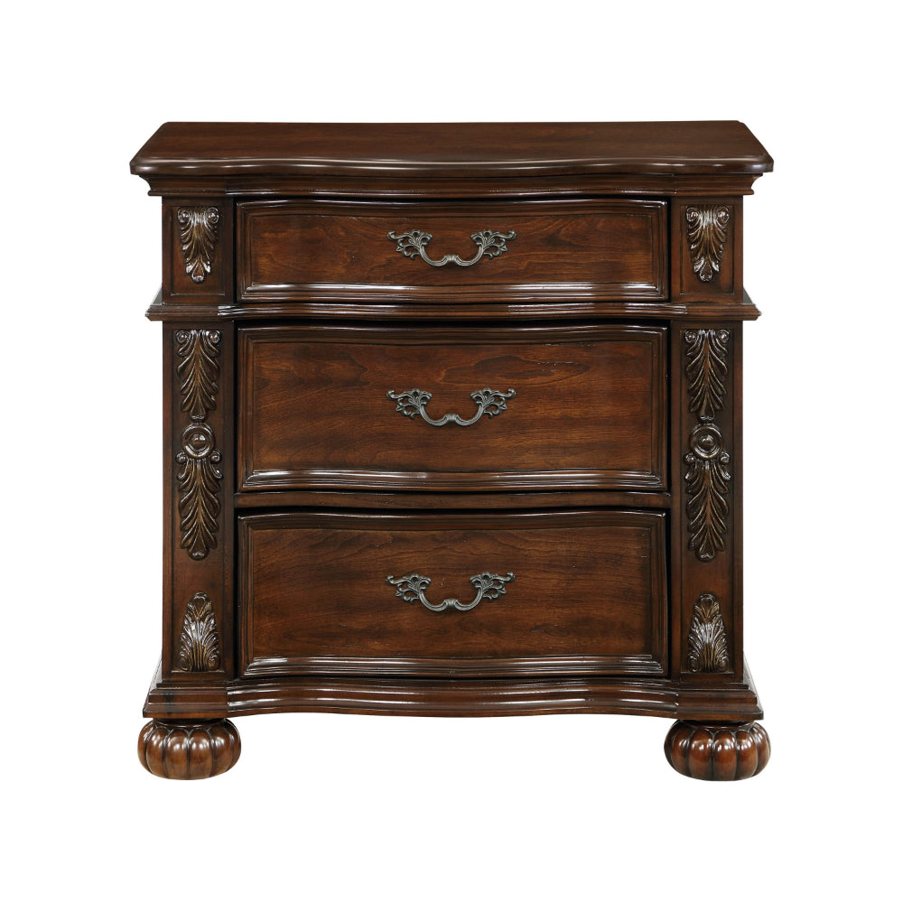 Benjara Nami 32 Inch Nightstand, 3 Drawers, Leaf Carvings, Cherry Brown Solid Wood