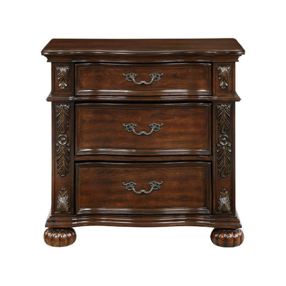 Benjara Nami 32 Inch Nightstand, 3 Drawers, Leaf Carvings, Cherry Brown Solid Wood