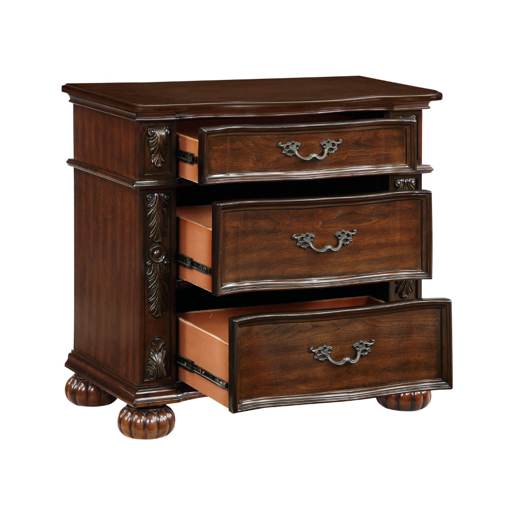 Benjara Nami 32 Inch Nightstand, 3 Drawers, Leaf Carvings, Cherry Brown Solid Wood