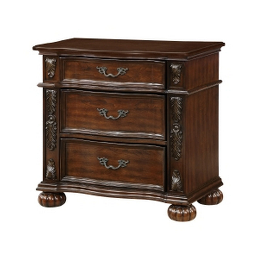 Benjara Nami 32 Inch Nightstand, 3 Drawers, Leaf Carvings, Cherry Brown Solid Wood
