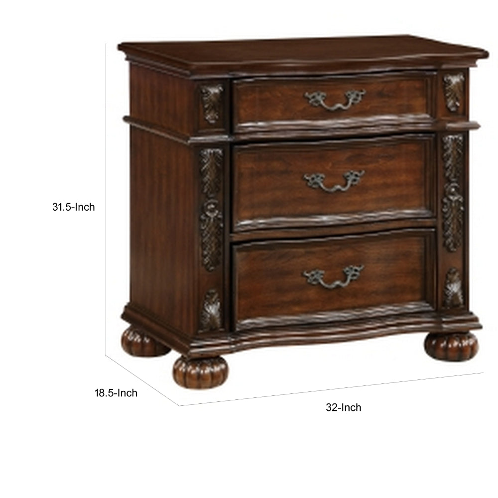 Benjara Nami 32 Inch Nightstand, 3 Drawers, Leaf Carvings, Cherry Brown Solid Wood