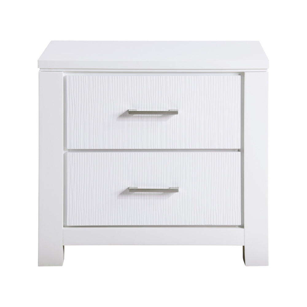 Benjara Roni 26 Inch Nightstand, 2 Drawers, Embossed Design, White Solid Wood