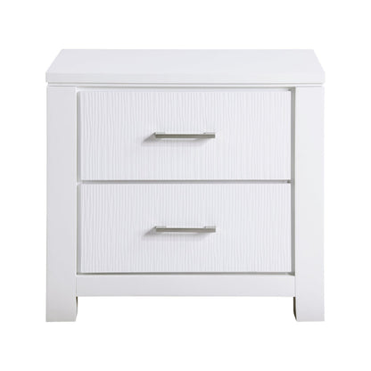 Benjara Roni 26 Inch Nightstand, 2 Drawers, Embossed Design, White Solid Wood