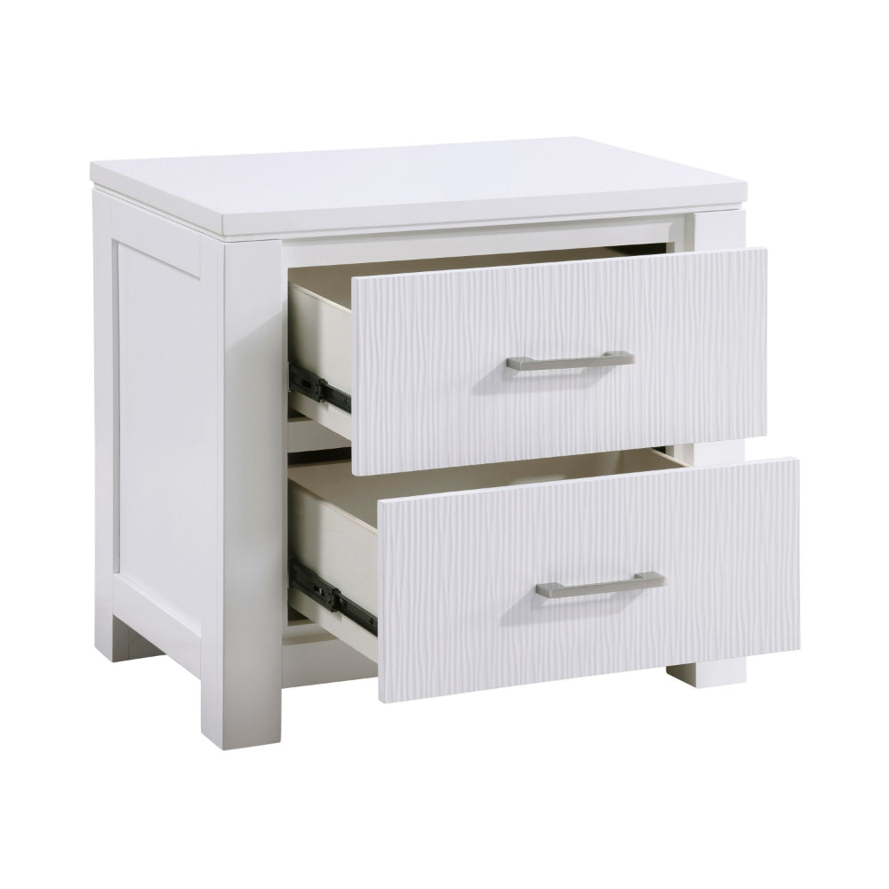 Benjara Roni 26 Inch Nightstand, 2 Drawers, Embossed Design, White Solid Wood
