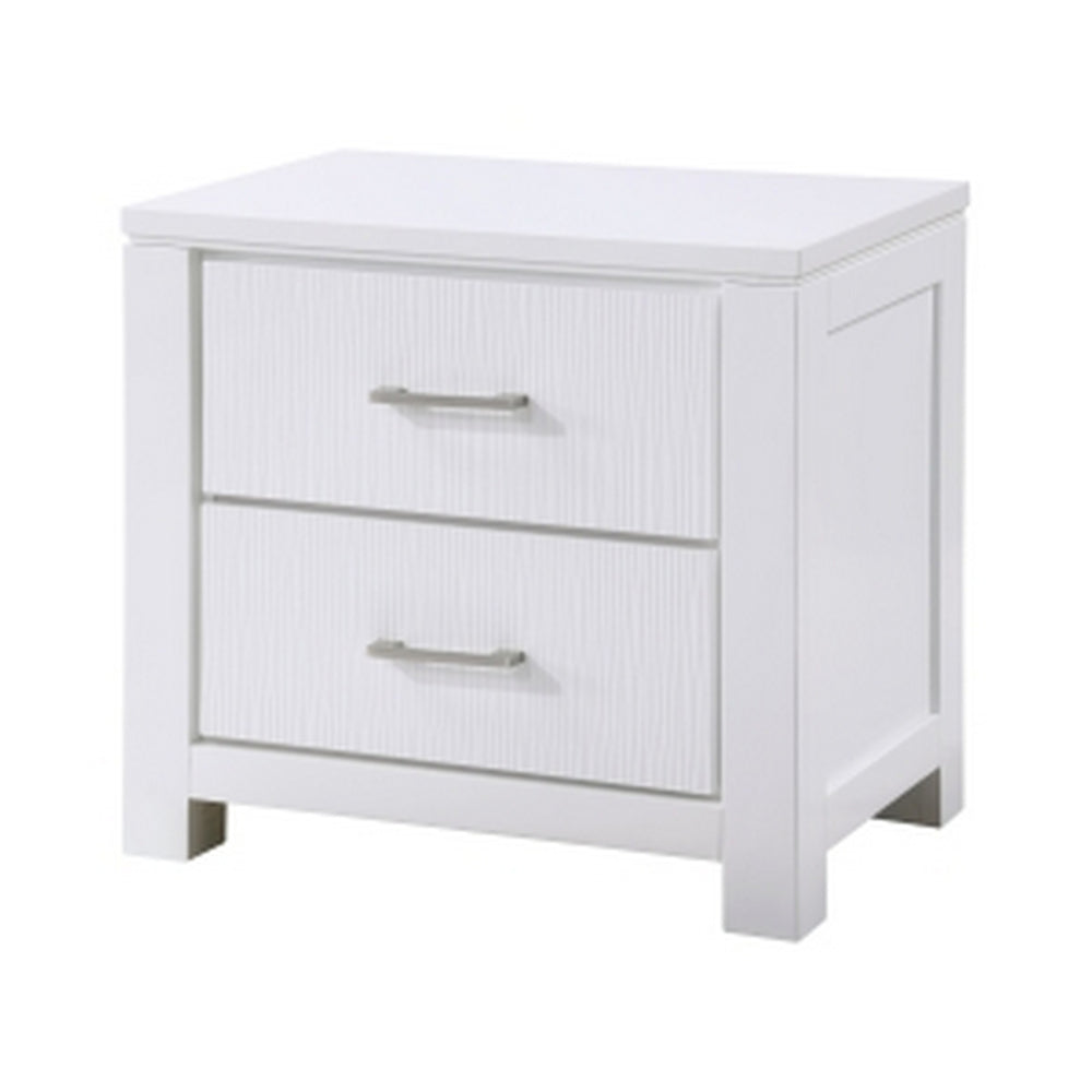 Benjara Roni 26 Inch Nightstand, 2 Drawers, Embossed Design, White Solid Wood