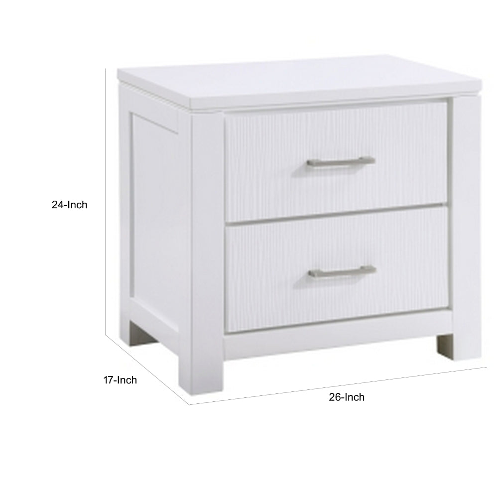 Benjara Roni 26 Inch Nightstand, 2 Drawers, Embossed Design, White Solid Wood