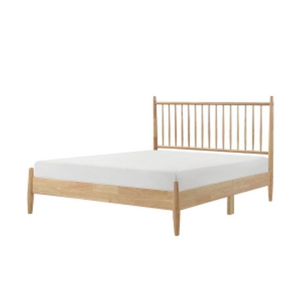 Benjara Lika Queen Size Platform Bed, Vertical Slatted Headboard, Natural Brown