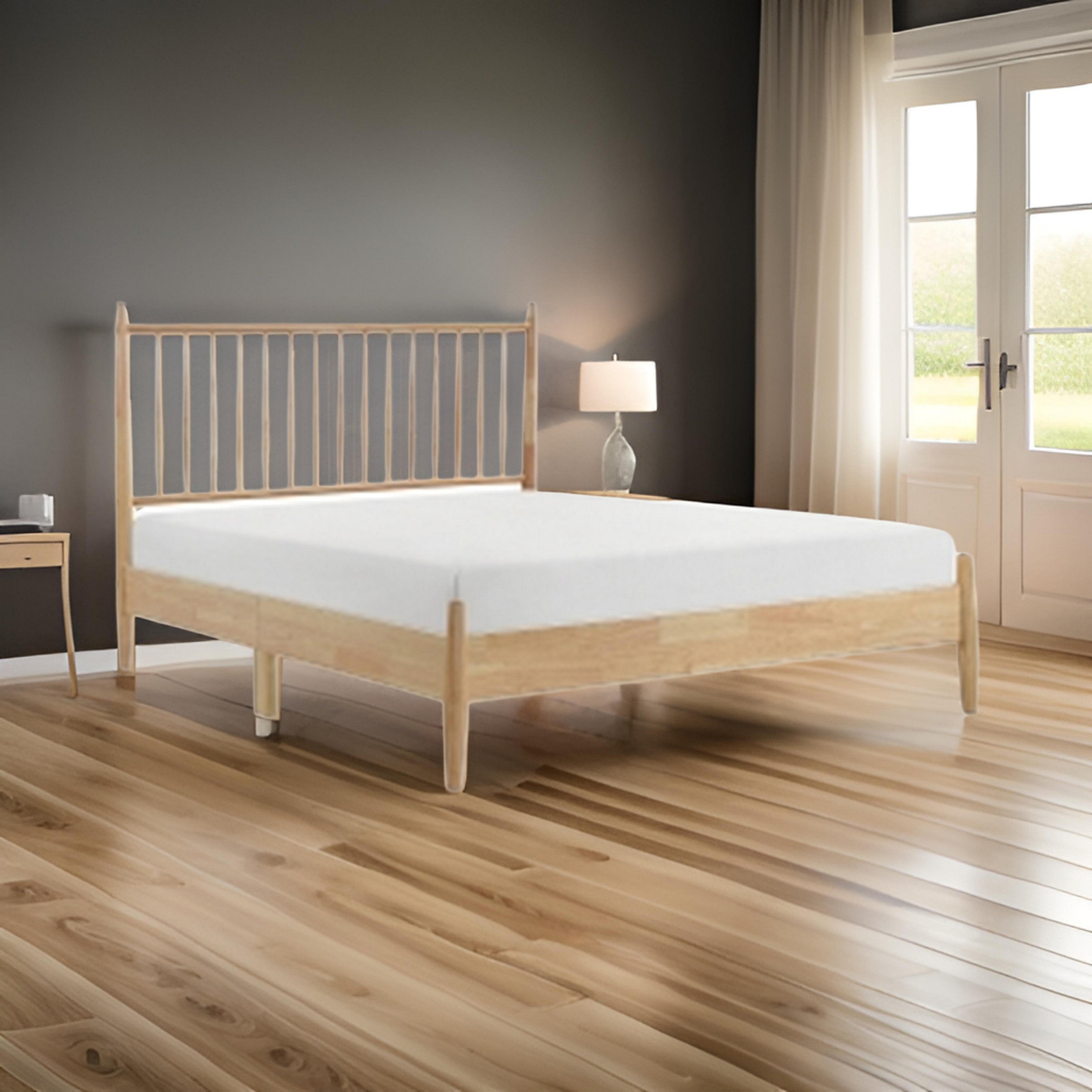 Benjara Lika Queen Size Platform Bed, Vertical Slatted Headboard, Natural Brown