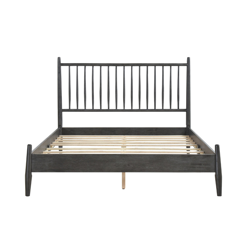 Benjara Lika Queen Size Platform Bed, Vertical Slatted Headboard, Gray Finish