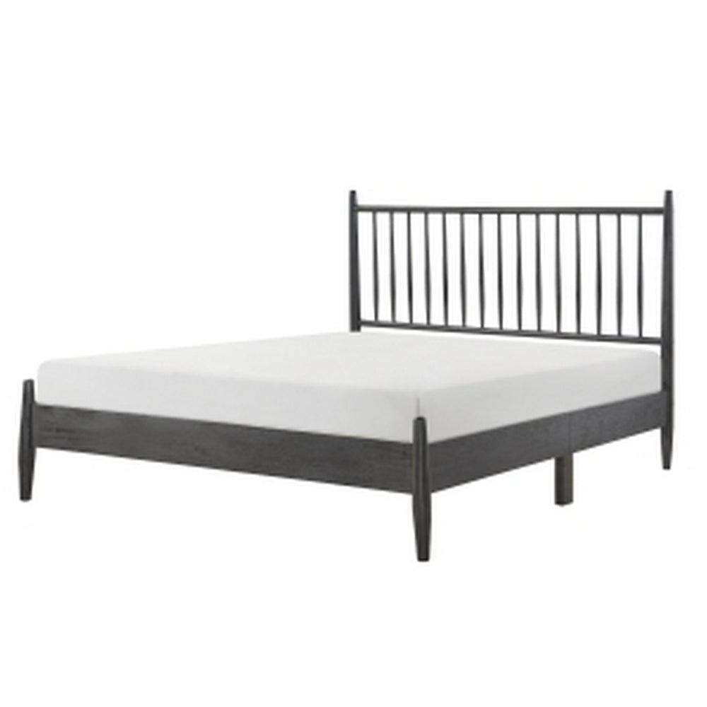 Benjara Lika Queen Size Platform Bed, Vertical Slatted Headboard, Gray Finish