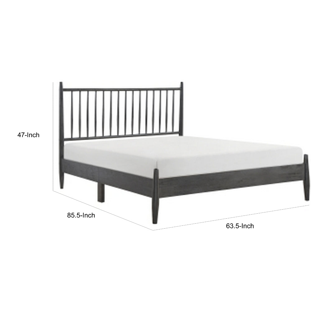 Benjara Lika Queen Size Platform Bed, Vertical Slatted Headboard, Gray Finish