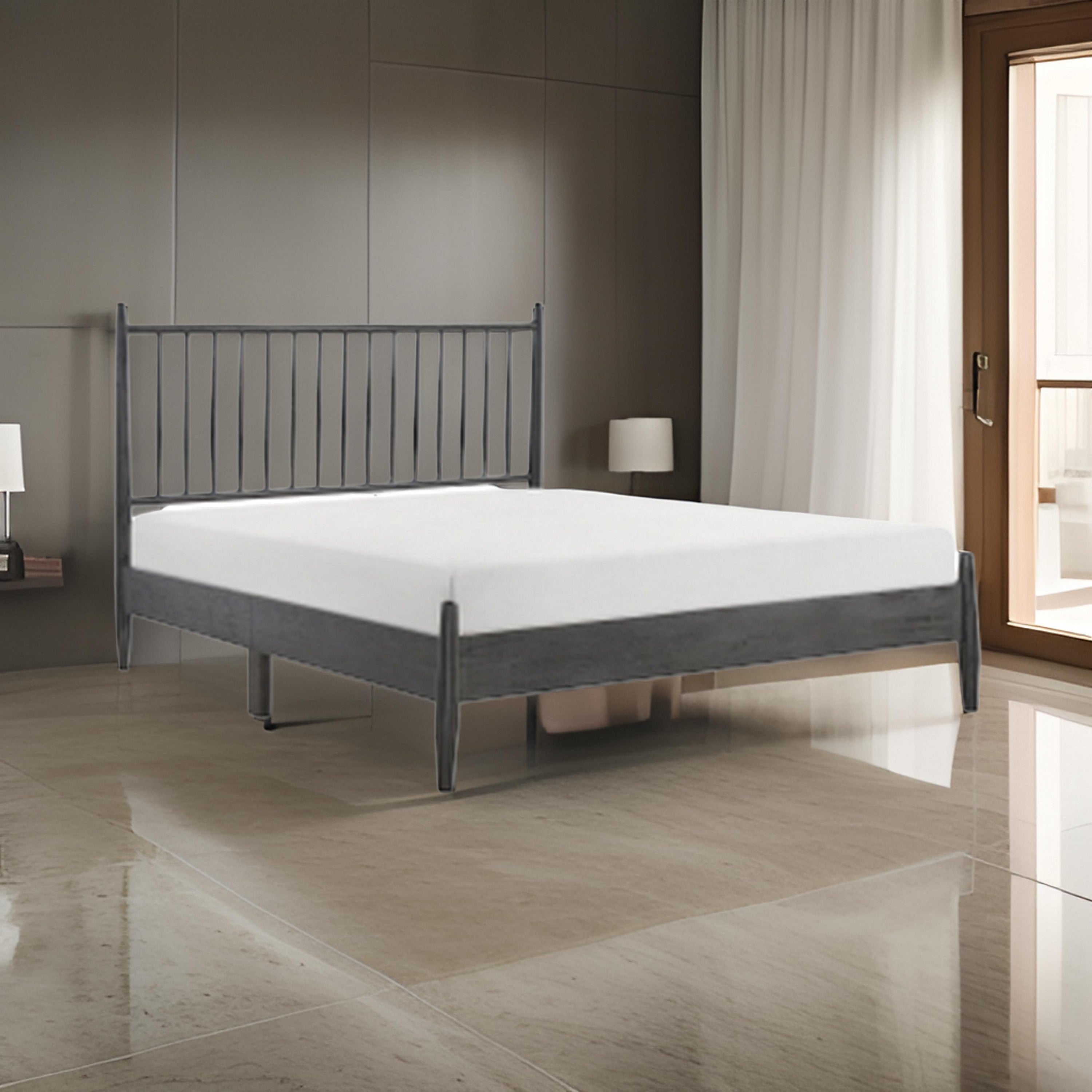 Benjara Lika Queen Size Platform Bed, Vertical Slatted Headboard, Gray Finish