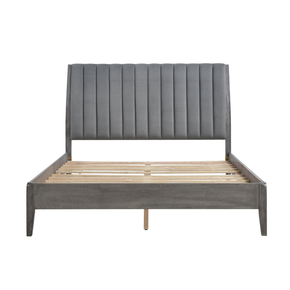 Benjara Queen Size Platform Bed, Channel Tufted Upholstered Back, Gray Velvet