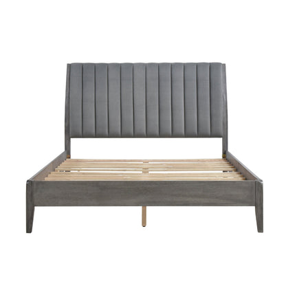 Benjara Queen Size Platform Bed, Channel Tufted Upholstered Back, Gray Velvet