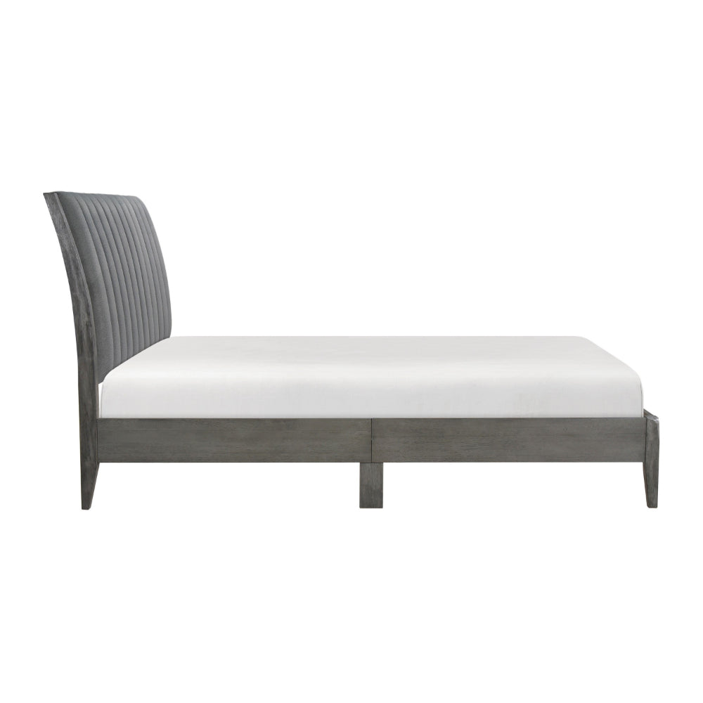 Benjara Queen Size Platform Bed, Channel Tufted Upholstered Back, Gray Velvet