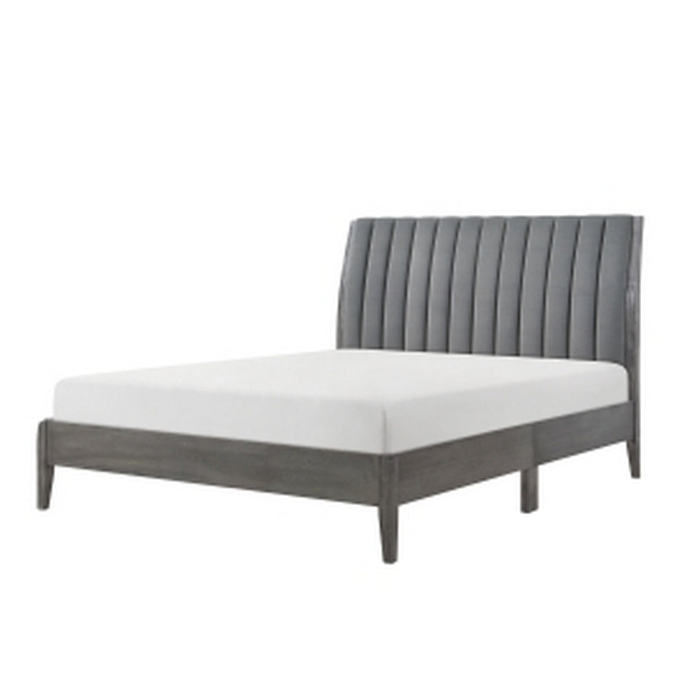 Benjara Queen Size Platform Bed, Channel Tufted Upholstered Back, Gray Velvet