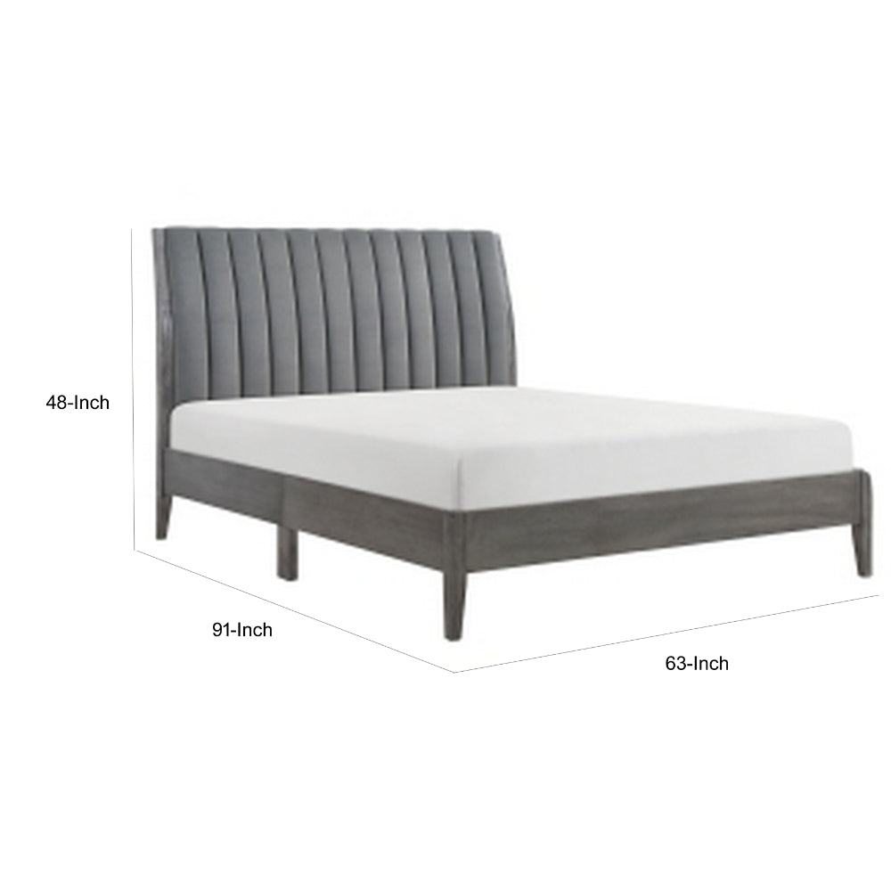 Benjara Queen Size Platform Bed, Channel Tufted Upholstered Back, Gray Velvet