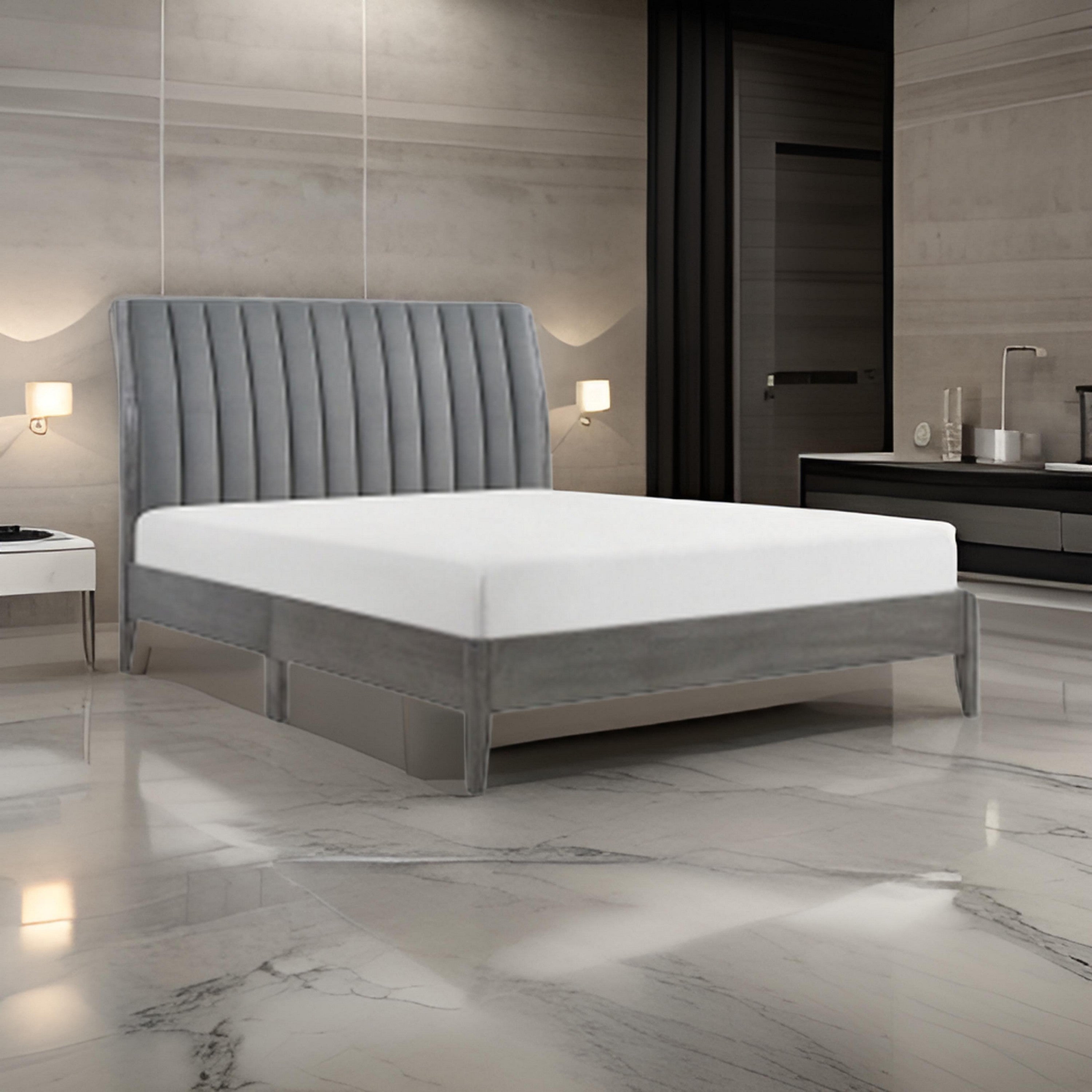 Benjara Queen Size Platform Bed, Channel Tufted Upholstered Back, Gray Velvet