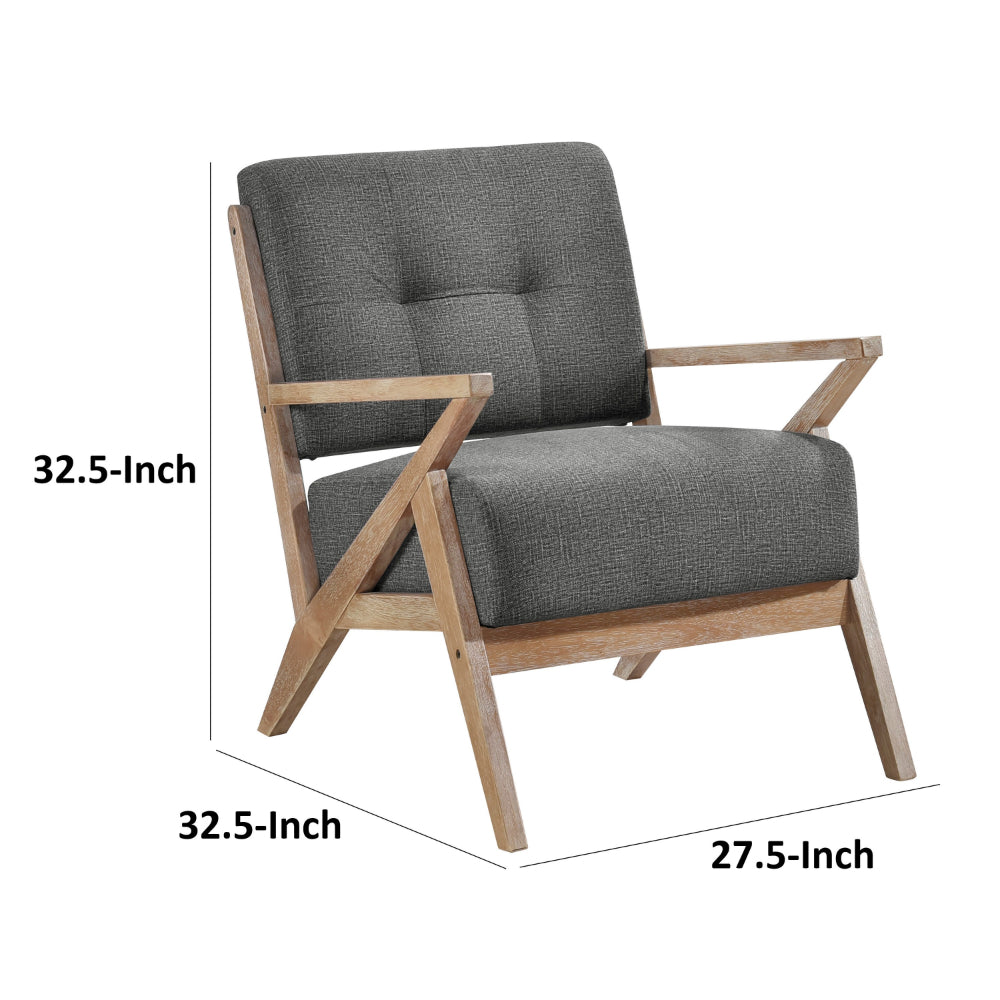 Benjara Edra 33 Inch Accent Armchair, Rubberwood Frame, Gray Polyester Cushions