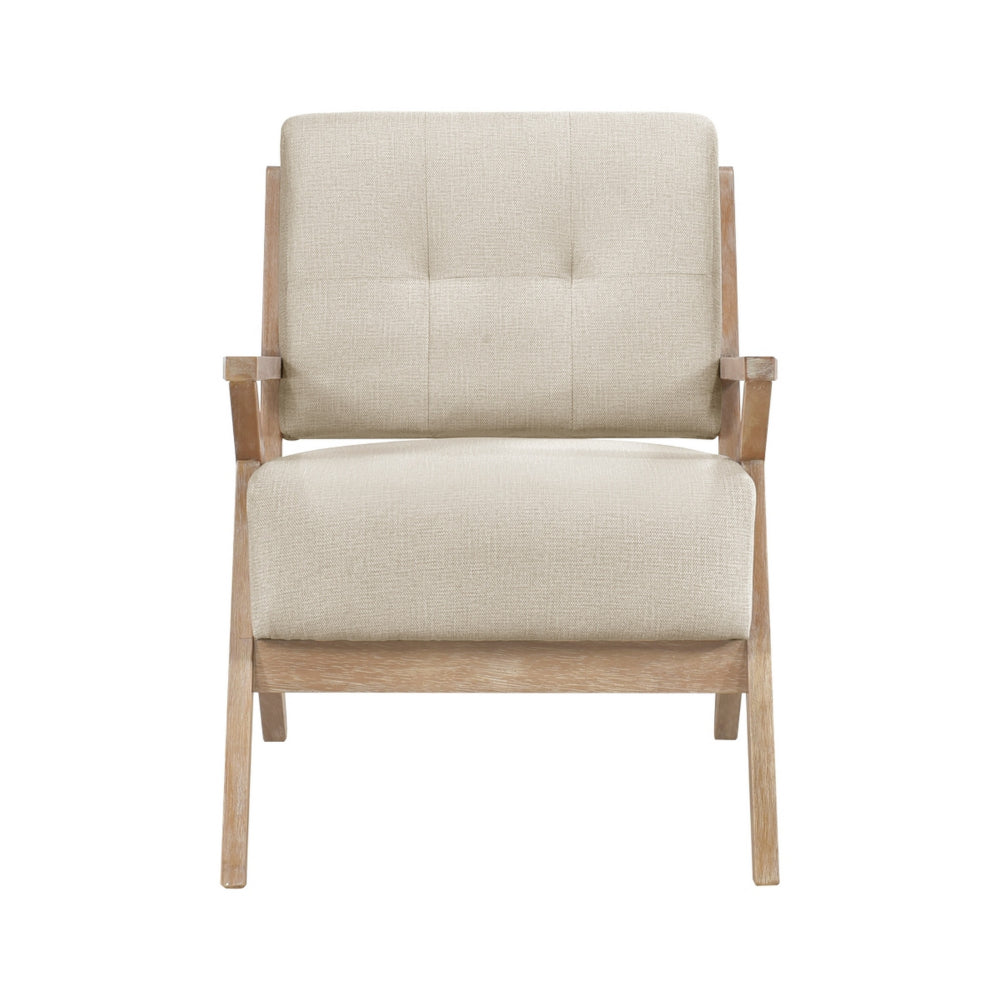 Benjara Edra 33 Inch Accent Armchair, Rubberwood Frame, Cushioned Beige Polyester