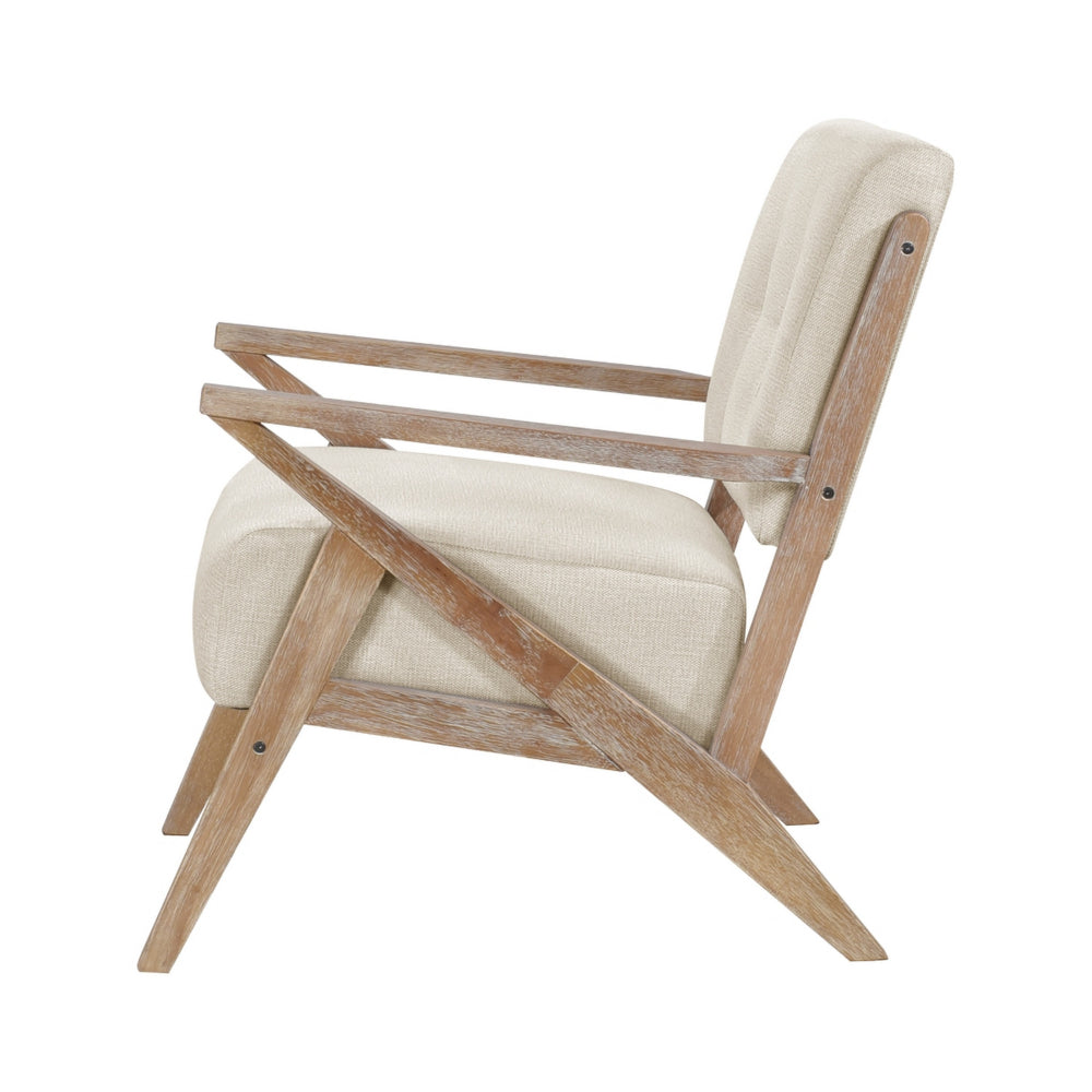 Benjara Edra 33 Inch Accent Armchair, Rubberwood Frame, Cushioned Beige Polyester