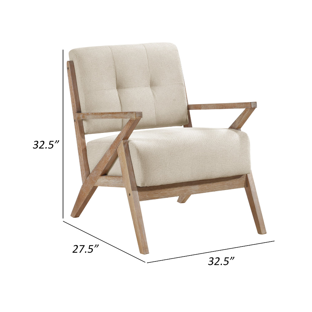 Benjara Edra 33 Inch Accent Armchair, Rubberwood Frame, Cushioned Beige Polyester