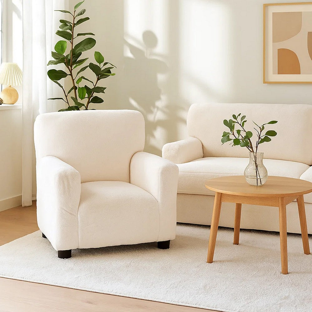Benjara Tye 19 Inch Kids Sofa Chair, White Soft Faux Fur Padded Seat, Round Legs