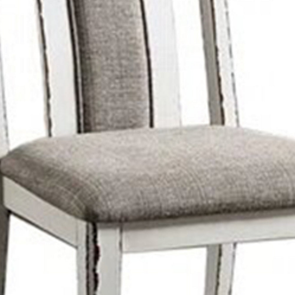Benjara 24 Inch Dining Side Chair Set of 2, Rustic White Wood, Gray Fabric Seat