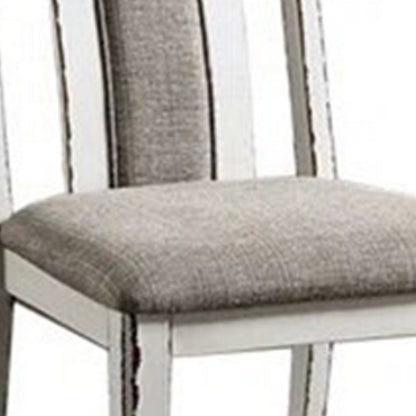 Benjara 24 Inch Dining Side Chair Set of 2, Rustic White Wood, Gray Fabric Seat