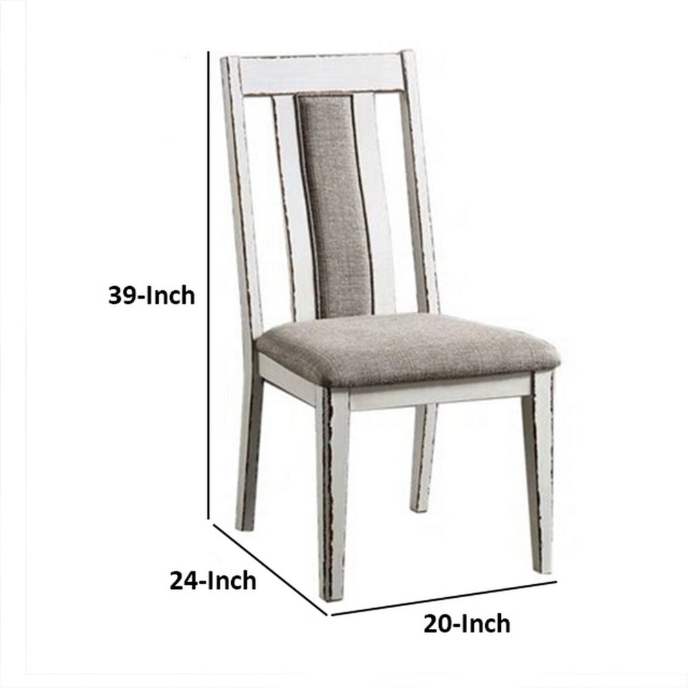 Benjara 24 Inch Dining Side Chair Set of 2, Rustic White Wood, Gray Fabric Seat
