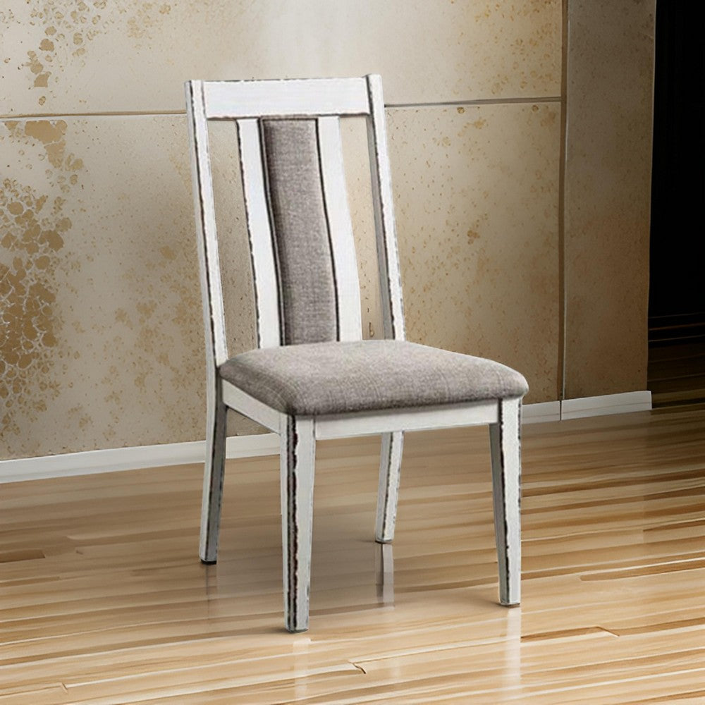Benjara 24 Inch Dining Side Chair Set of 2, Rustic White Wood, Gray Fabric Seat